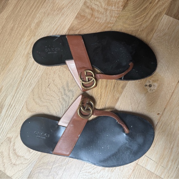 Gucci Brown Leather Sandals with Gold GG Logo Size 38 - Picture 2 of 4